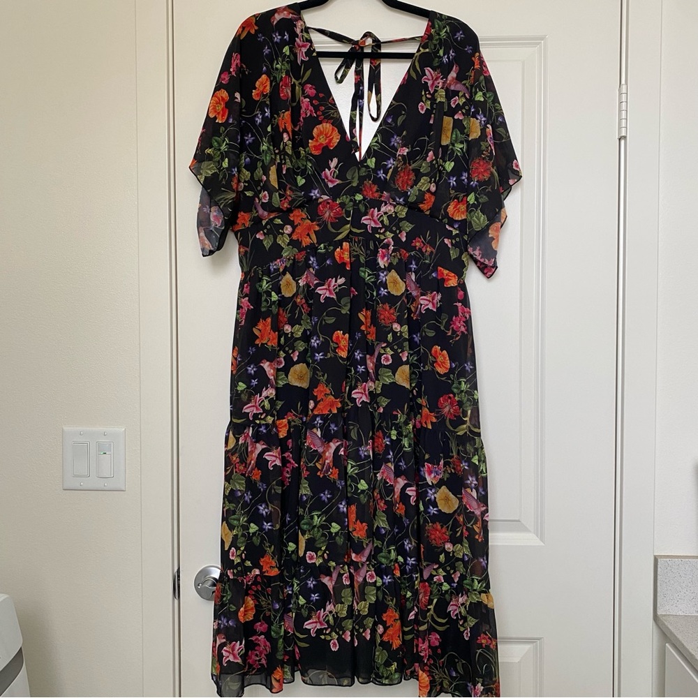 EShakti Floral Hummingbird A-Line Midi Dress with Pockets